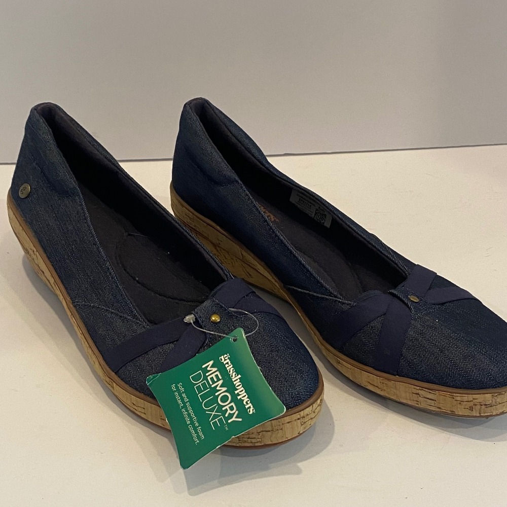 Grasshoppers Wedge Pumps Womens 6.5 Blue Denim New Memory Deluxe Cork Heel